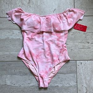 Pink tie dye off the shoulder one piece swimsuit